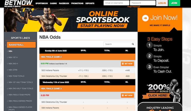 A snapshot of BetNow, one of the best NBA betting sites.